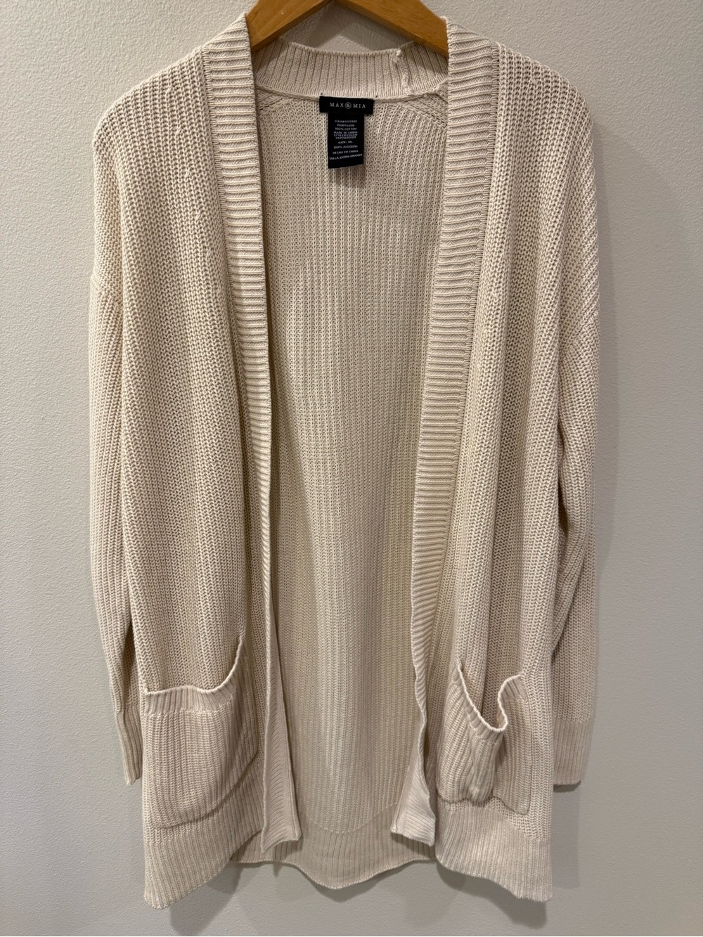 Cream Open-Front Knit Cotton Cardigan